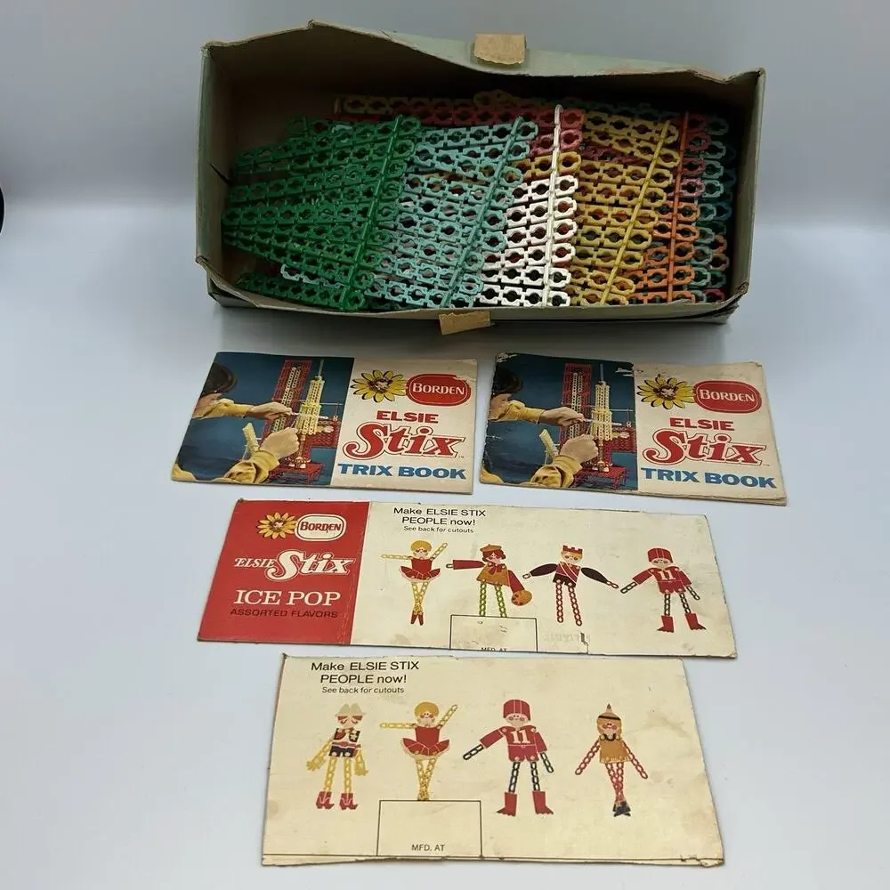 1970s Vintage Borden Elsie Stix w/ Orignal Box & Manual Plastic Popsicle Sticks